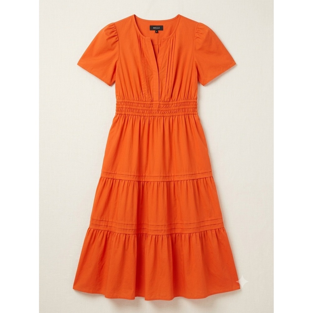 Quince Orange 100% Organic Cotton Tiered Maxi Dress Short Sleeve Smocked Waist L